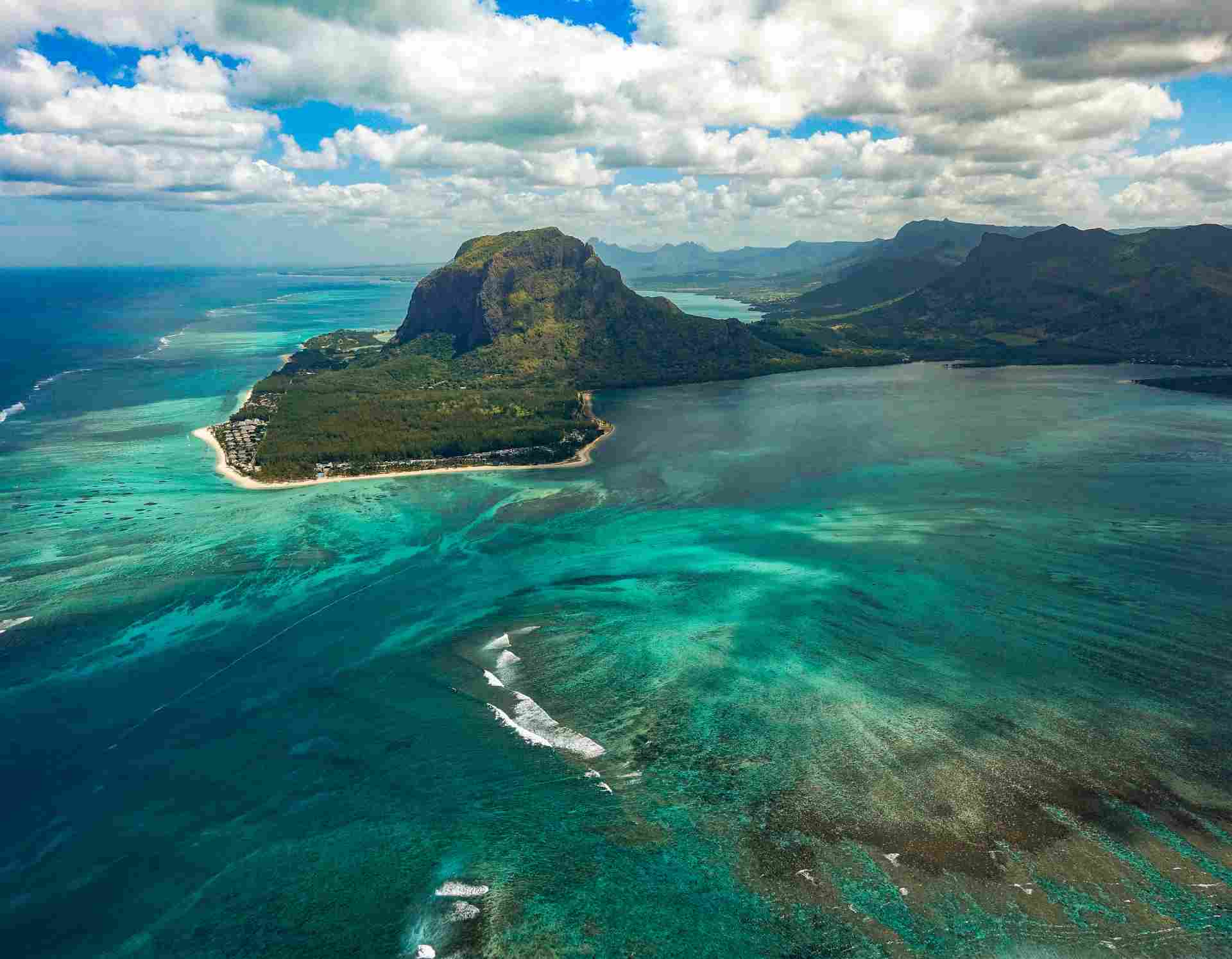 Aerial view of Le Morne Brabant mountain in Mauritius from a helicopter